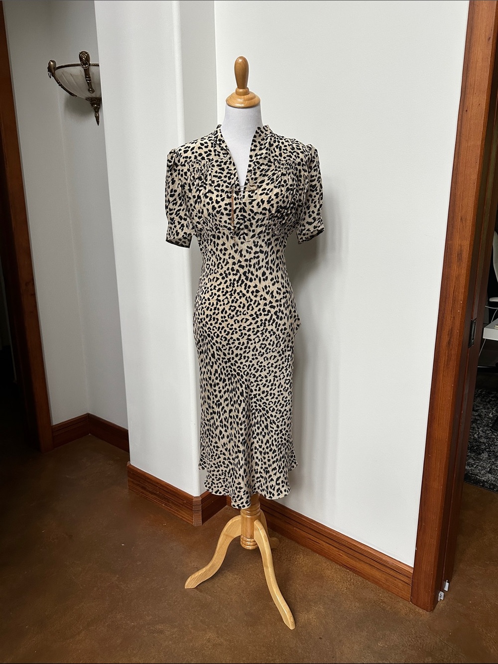 See By Chloe Beige and Black Leopard-Print Midi Dress with V-Neck